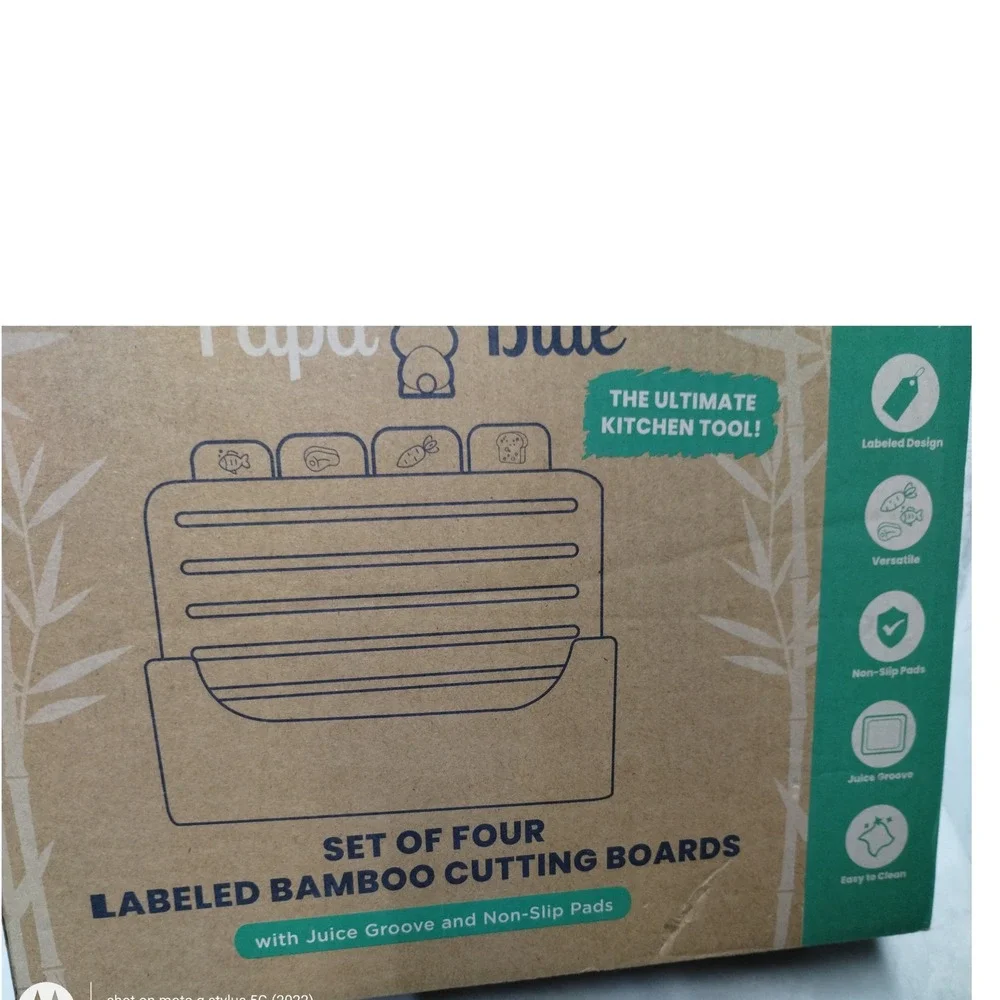 Papa Blue Labeled Bamboo Cutting Board Set of 4 with Stand Juice Groove Non-Slip